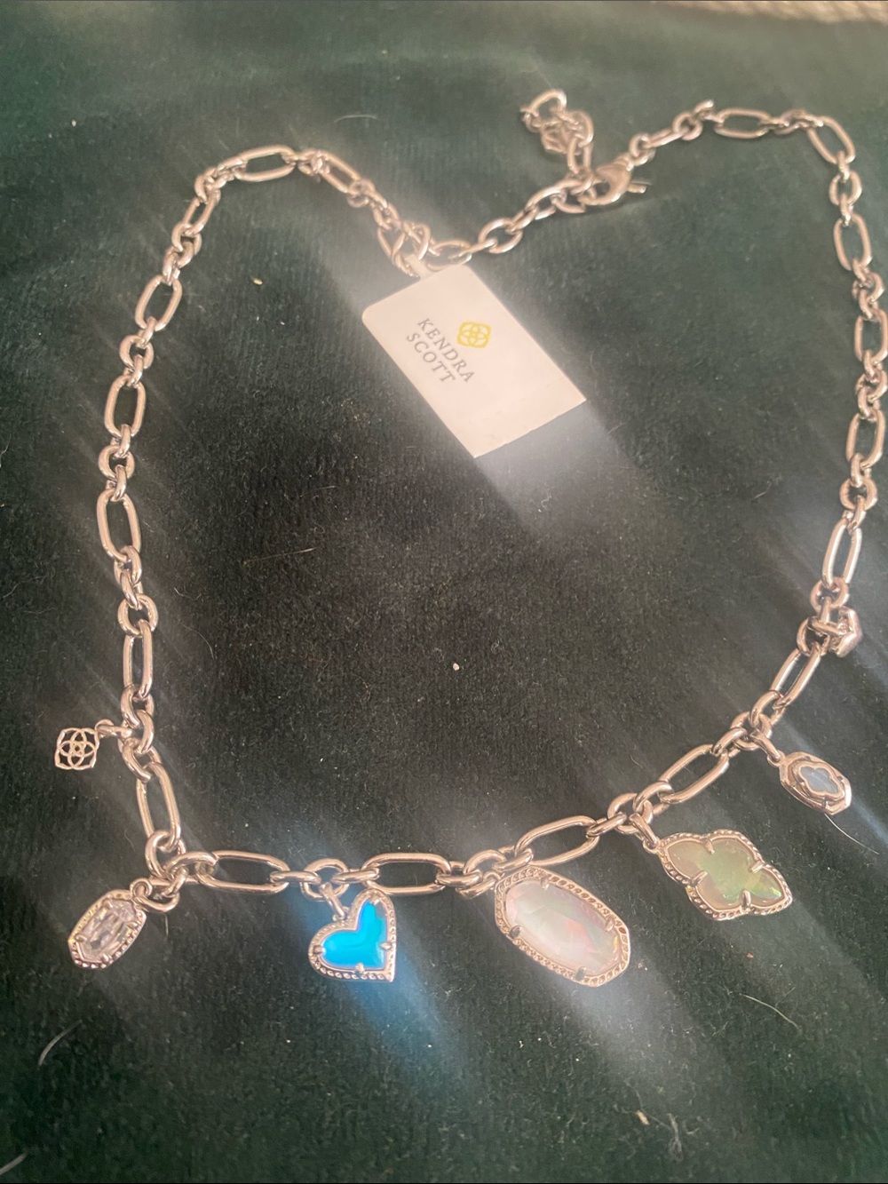 Kendra Scott Silver Charm Necklace with Blue, Green, White Accents